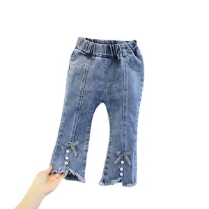 Wholesale Girl Kids Slim Regular Fit Denim Trousers Boot Cut Flower Decor Pants Jeans for Children