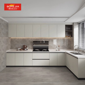 Armoires de cuisine en acier inoxydable Bokejia, sur mesure, style moderne intégré, plan de travail en quartz - Product Image 1