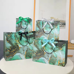 Sac cadeau à motif marbré, joli sac cosmétique vert foncé, sac d'emballage exquis avec nœud - Product Image 3