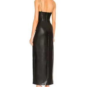 Robe de soirée d'automne sexy à col en V profond et bretelles spaghetti en cuir, fendue, longue, pour femme - Vente en gros à bas prix, haute qualité - Product Image 6