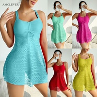 AMCLEVER 2026 Maillot de bain une pièce amincissant et modeste pour femme, couleur unie, push-up, avec dentelle et jupe transparente, logo personnalisé OME