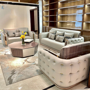 Sofá de cuero moderno de lujo para sala de estar, conjunto de sofá Chesterfield de gama alta, muebles con sofá de decoración dorado de acero inoxidable - Product Image 2