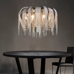 Lampadario di Lusso PM con Catena in Alluminio e Nappe, Design Nordico, Lampada a Sospensione Rotonda Argento per Villa, Soggiorno e Sala da Pranzo - Product Image 2