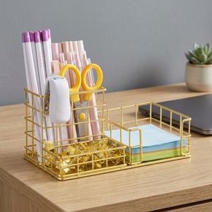 Organisateur de bureau en acier inoxydable doré, panier de rangement à un seul niveau, multifonctionnel pour fournitures de bureau, papeterie, minimaliste - Product Image 3