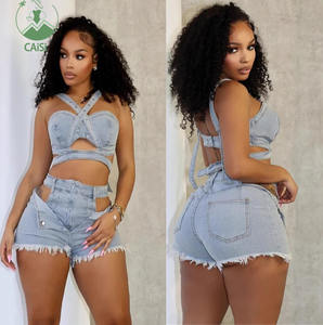 Trendy zomer denim 2-delige sets dames sexy cut-out crop top en shorts Y2K streetwear jeans dames denim tweedelige shorts set - Product Image 1