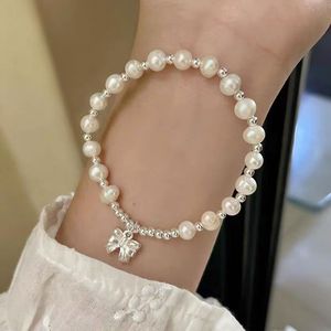 Bracelet en argent Sterling S925 avec perles d'eau douce naturelles pour femmes, cordon élastique blanc, bijoux cadeau - Product Image 3