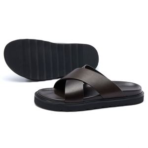 Chaussons pour hommes en cuir véritable antidérapants, dessus en cuir de vachette de qualité supérieure, doux, confortables, respirants, sandales plates pour la maison, tongs - Product Image 5