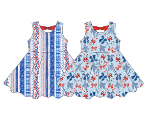 Custom ODM Boutique Children 4th July Floral Print Summer Sleeveless Girls <b>A</b>-<b>Line</b> Cotton Blend <b>Dress</b> Bow Design Breathable - Product Image 4