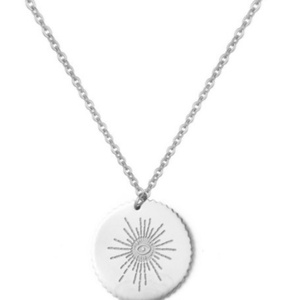 Collar al por mayor de acero inoxidable con moneda grabada, cristal y sol, chapado en oro PVD, con colgante redondo de ojo turco - Product Image 1