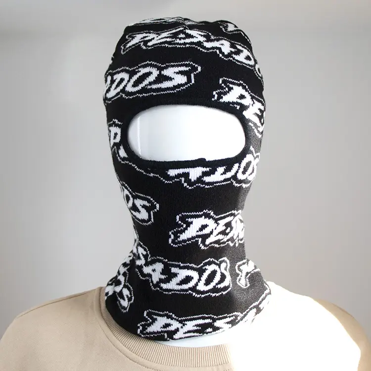 Designer benutzer definierte Ski maske im Freien schwarzes Gesicht Jacquard Logo Stoff ein Loch gestrickte Sturmhaube benutzer definierte Ski maske