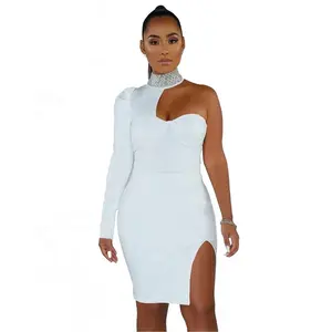 Top Grade Lente Vrouwen Hoge Hals Halter Bandage Strakke Potlood Sex Sexy Diamant Lange Mouw Uitsparing Beste Shift Jurk