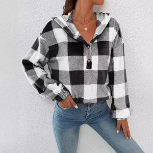 Felpa <span class=keywords><strong>a</strong></span> <span class=keywords><strong>quadri</strong></span> autunno inverno da donna con colletto semiaperto e abbottonato con cappuccio morbido Casual stampato - Product Image 4