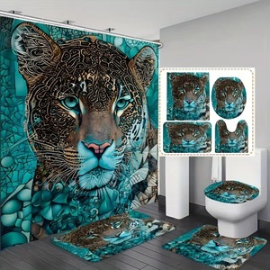 Rideau de douche en polyester motif visage de jaguar orné bleu sarcelle, impression numérique personnalisée, imperméable, vente en gros, moderne - Product Image 1