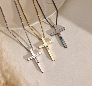 <span class=keywords><strong>Collier</strong></span> personnalisé gravé avec une croix et un pierre de naissance, en acier inoxydable plaqué <span class=keywords><strong>or</strong></span> 14 carats, chaîne réglable pour <span class=keywords><strong>homme</strong></span>, cadeau pour père - Product Image 1