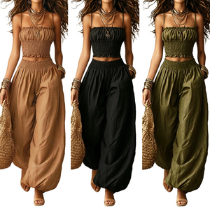 Kadınlar için İki Parçalı Yazlık Eşleşen Takımlar, Büzgülü Crop Top ve Aladdin Harem Pantolon Seti, Tatil Kıyafetleri 2026 - Product Image 1
