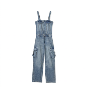 Women's Denim <b>Jumpsuit</b> Sleeveless High Waist Utility Style Full Length Loose Fit <b>With</b> <b>Pockets</b> Spring Summer Wear - Product Image 1
