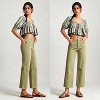 Jean droit taille haute vert olive avec ourlet brut et pantalon en denim pour femme, idéal pour les trajets quotidiens en automne