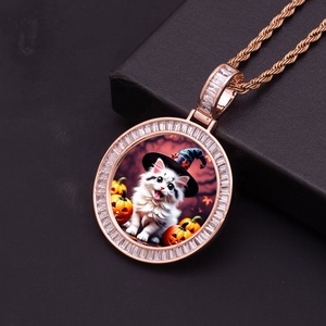 38mm foto di moda memoria ghiacciata CZ Charm collana Baguette zircone <span class=keywords><strong>gatto</strong></span> per animali domestici sublimazione cornice ciondolo oro placcato ottone - Product Image 6