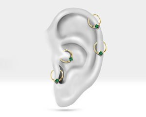 Anneaux clicker en or massif 14K, 16G (1,20 mm), 10-12 mm, pour cartilage externe, émeraude taille princesse, bijoux de piercing - Product Image 5