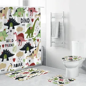 Cartoon Dinosaur Cute Shower Curtain For Children Bath Animal Print 4 Piece Bath Decoration Polyester Shower Curtain Set For Ba/