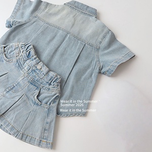 Ropa de Moda Infantil de Alta Calidad, Conjuntos de Ropa de Mezclilla de <span class=keywords><strong>Color</strong></span> Sólido de 2 Piezas para Niñ<span class=keywords><strong>as</strong></span>, Verano - Product Image 3