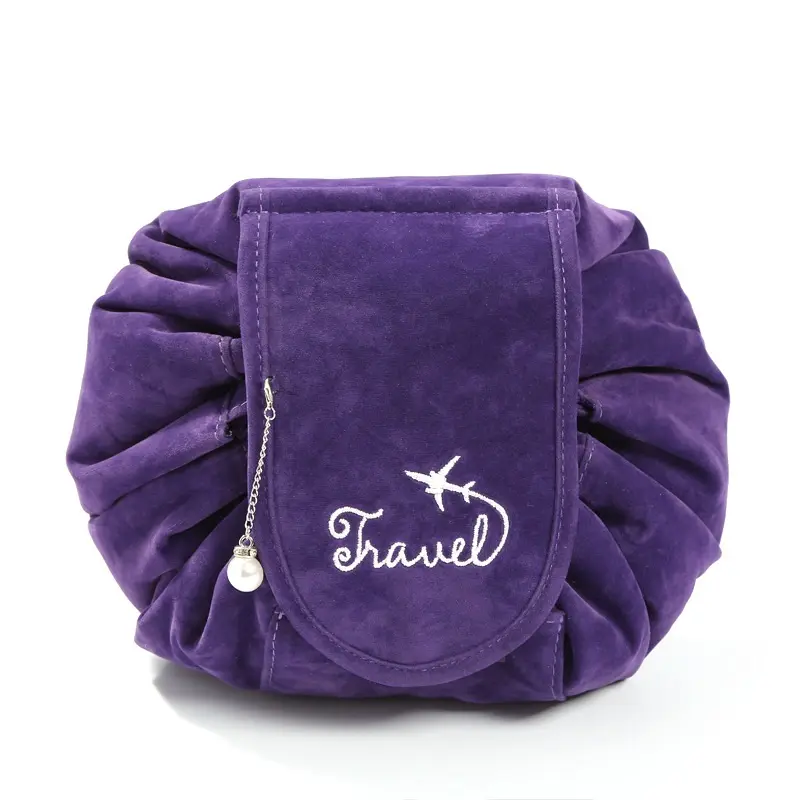 Portable foldable lazy plain toiletry bag travel quilted cosmetics pouch purple velvet makeup bag with drawstring
