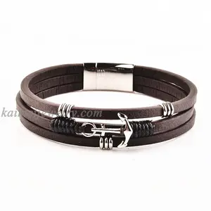 Popular Sale Viking Silver Clasp Anchor Hook Leather Bracelet Stripes For Men Women