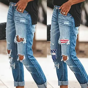 Jeans feminino rasgado respirável com borla, jeans destruído