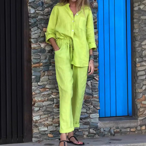Nouveau femmes <span class=keywords><strong>grande</strong></span> <span class=keywords><strong>taille</strong></span> <span class=keywords><strong>lin</strong></span> coton chemise ensemble <span class=keywords><strong>taille</strong></span> haute <span class=keywords><strong>pantalon</strong></span> ample solide haut avec <span class=keywords><strong>pantalon</strong></span> Simple tenues décontractées - Product Image 3