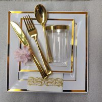 Service de table doré 175 pièces – Assiettes carrées en plastique à bord doré, jetables et robustes, avec gobelets, serviettes et couverts pour 25 invités