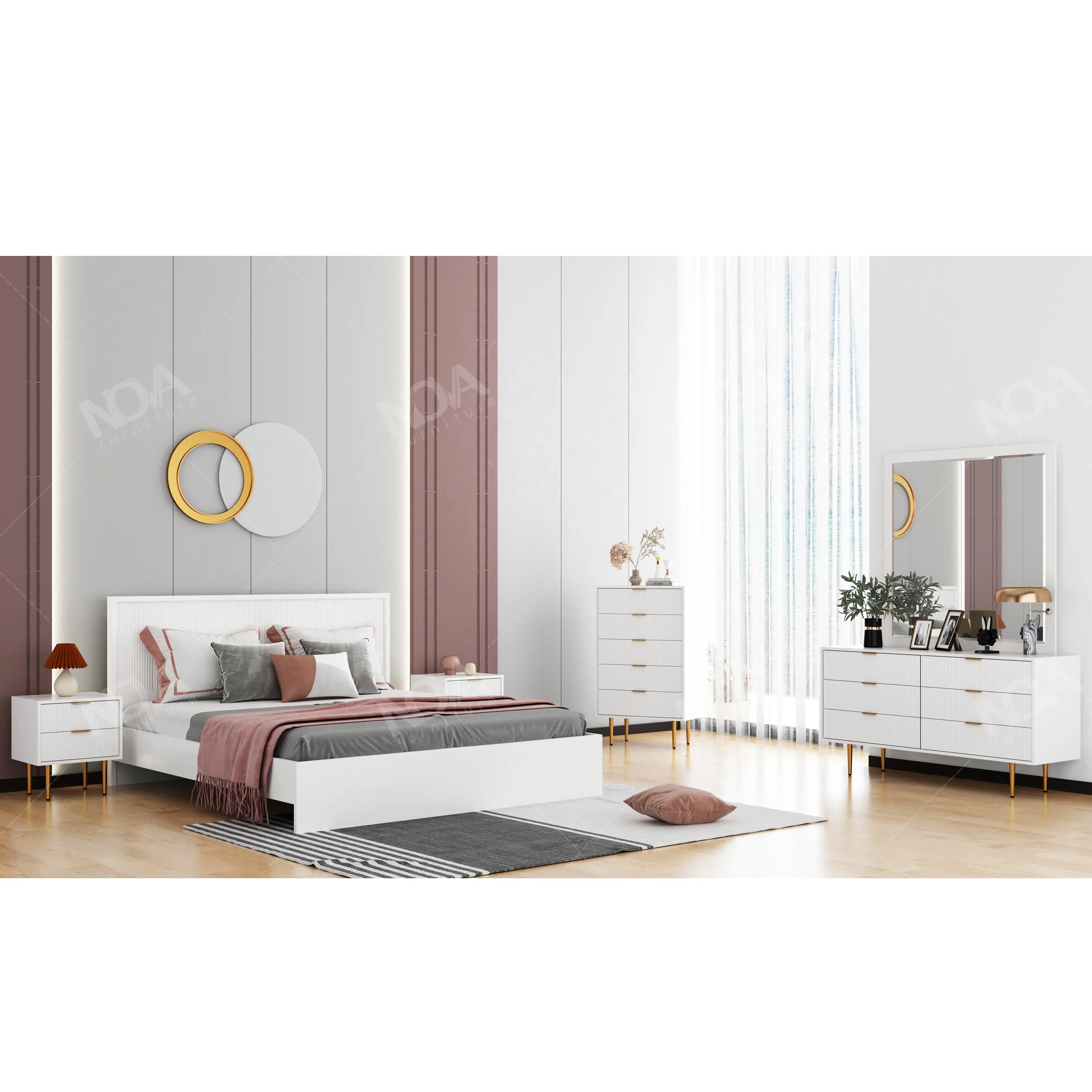 أثاث غرفة نوم NOVA للكبار من خشب متين أبيض حجم كبير سرير بإطار بتصميم حديث من ألواح مخددة مجموعات أثاث مزدوج سرير مزدوج