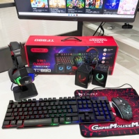 Combo de jeu T-WOLF TF880 russe 5 en 1 avec clavier rétroéclairé LED arc-en-ciel 104 touches, souris, casque, tapis de souris et haut-parleur pour PC