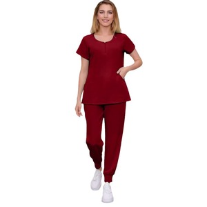 Women Hospital Scrubs Uniform Set Short Sleeve Elastic Waist Moisture Wicking Knitted Split Set For Medical Workwear - Product Image 5
