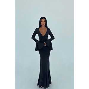 Robe de soirée formelle noire à manches longues, taille empire, coupe trapèze, en polyester tissé, imprimée et brodée, tailles XS à XL - Product Image 3