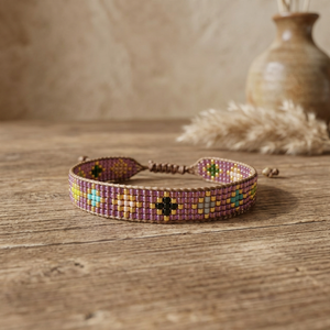 Sstringz handmade Lavender Purple Miyuki delica <b>Bead</b> <b>Bracelet</b> with Gold and Turquoise Geometric Pattern Adjustable Boho Jewelry - Product Image 4