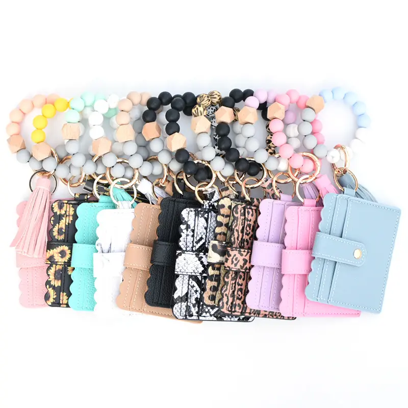 Hot Seller Vrouwen Silicona Lederen Kwast Armband Sleutelhanger Siliconen Kralen Creditcards Portemonnee Sleutelhanger Llavero