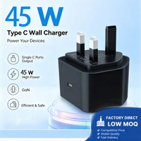 Cargador Rápido HNT 45W GaN con Enchufe UK, Carga USB-C PD 3.0 QC3.0, Adaptador de Pared para Laptop y Teléfono Móvil, Certificado CE UKCA RoHS