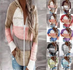 Autumn Women Patchwork Hooded Sweater Long Sleeve V-neck Knitted Sweater Casual <strong>Striped</strong> Pullover <strong>Jumpers</strong> New Female Hoodies - Product Image 2