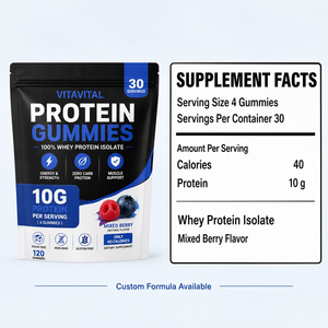 Gomitas de Proteína de Suero Aislada 10g, Sabor Bayas Mixtas, Apoyo Muscular, Sin Azúcar, 120 Unidades, Marca Privada OEM, Suplemento Dietético - Product Image 3