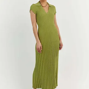 Spring And Summer New Knitted Dress Waist Lapel V-Neck Pit Strip Casual Knitted Long Dress Women