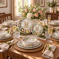 Service de vaisselle en céramique imprimé numérique 3D, 12 pièces, sous glaçure, sans plomb, assiettes en porcelaine motif floral printanier et lapin, Pâques