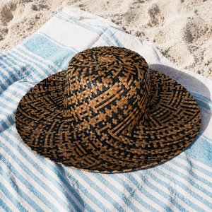 Sombrero de Pescador Lontar con Ala Ancha, Diseño Geométrico, Protección Solar, Playa, Verano, Unisex, Adulto, Casual, Estilo Étnico Bali - Product Image 1