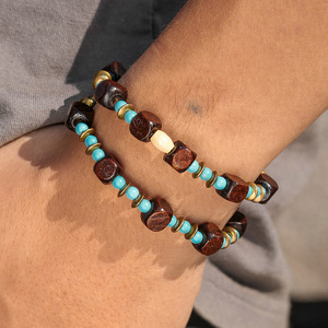 Bracciale Vintage Europeo Americano Fatto a Mano con Perline in Legno Unisex Multistrato Impilabile Set di Bracciali con Perline di Turchese Senza Placcatura Metallica - Product Image 3