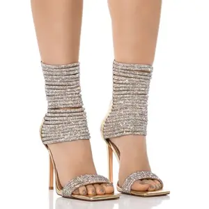 Glamorous Women Rhinestone Strappy Square Toe Sandals Women Metallic Faux Leather Stiletto Heel Sandals