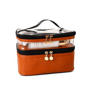 Custom Logo PVC <b>Makeup</b> Bag Large Capacity Travel Cosmetic Organizer Double Layer Toiletry <b>Case</b> with Brush Holder Wholesale - Product Image 1