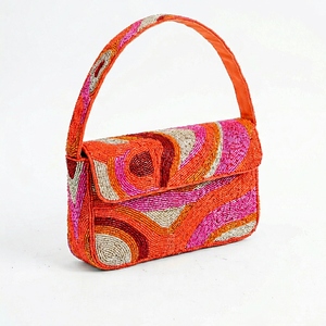 Bolso Rectangular Bordado a Mano con Logotipo Personalizado, en Color Naranja, Rosa y Beige, de Algodón Textil con Patrón Abstracto, Duradero y Ecológico - Product Image 1