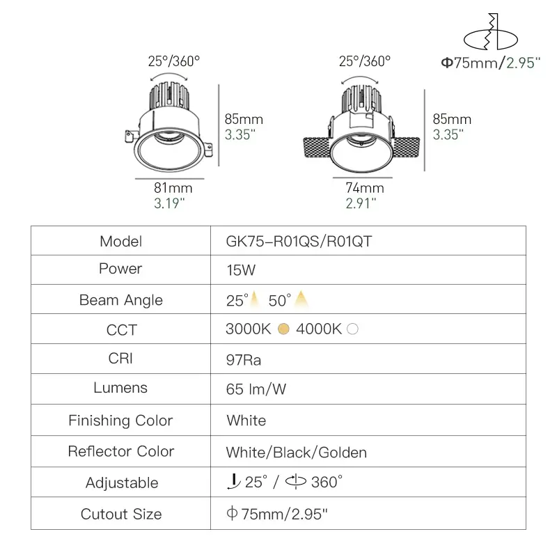 XRZLux ETL Wall Washer Downlight da incasso faretto Hotel 15W regolabile antiriflesso a LED COB AC100-120V