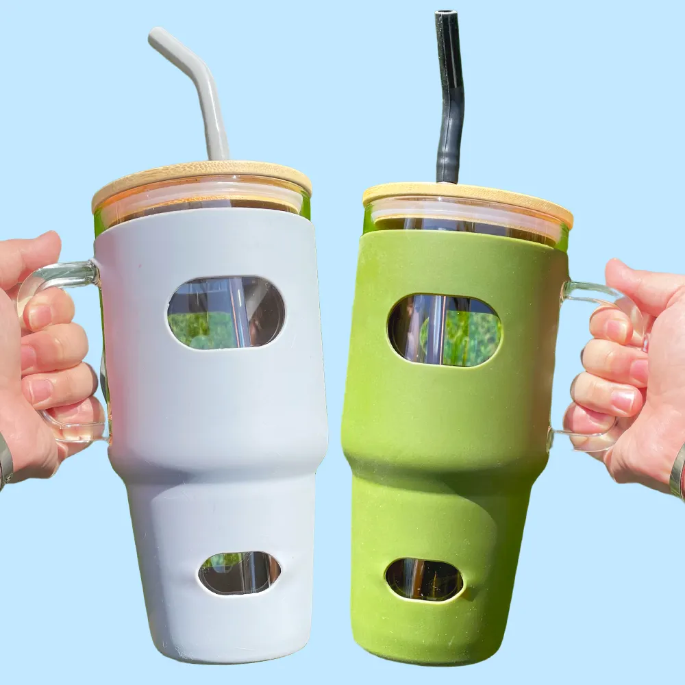 32オンス広口BPAフリークリア透明ボバスムージーカップ大容量ガラスタンブラー、アイスコーヒー用シリコンスリーブ付き