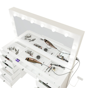 Tocador de Maquillaje con 11 Cajones y Cubierta de Vidrio, con Espejo Iluminado LED, Tomacorriente y <span class=keywords><strong>Taburete</strong></span> Acolchado <span class=keywords><strong>para</strong></span> Mujeres y Niñas - Product Image 3