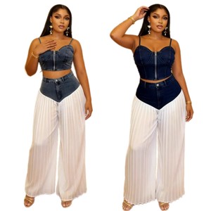 Bộ đồ nữ thời trang mùa hè: Áo <span class=keywords><strong>cami</strong></span> cổ V phối denim xếp ly và quần chiffon, phong cách châu Âu, hai mảnh - Product Image 5